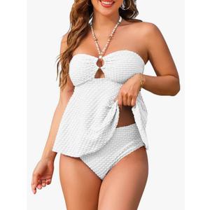 Jolefille Women Bandeau Swimsuit Two Piece - Tummy Control Bathing Suit Full Coverage High Waisted Bikini Sets Halter Teens 2XL White