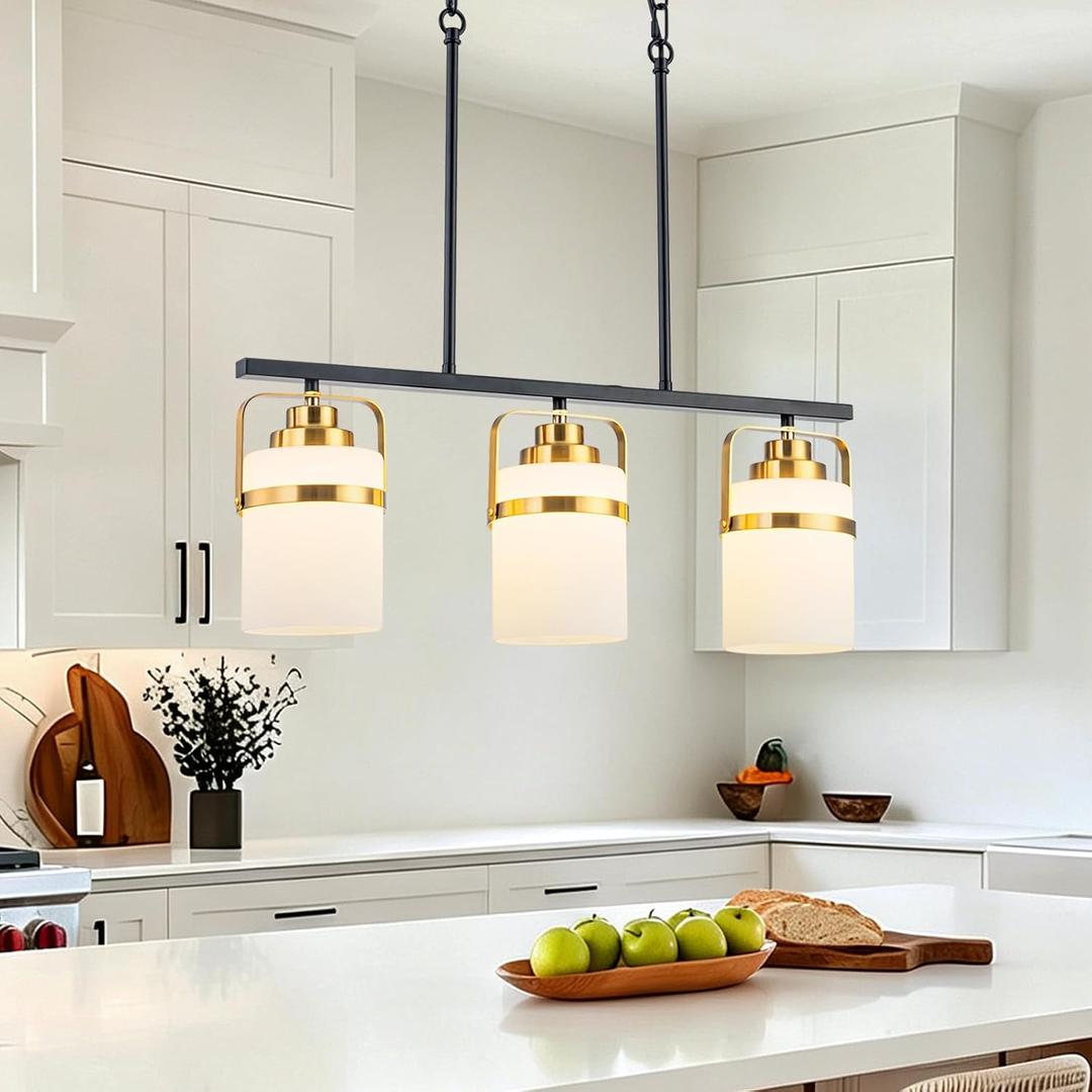 3 Light Kitchen Island Lighting, Black and Gold Dining Room Light Fixture with Milk Glass Shade, Adjustable Height Modern Chandelier Pendant Light for Dining Table Living Room