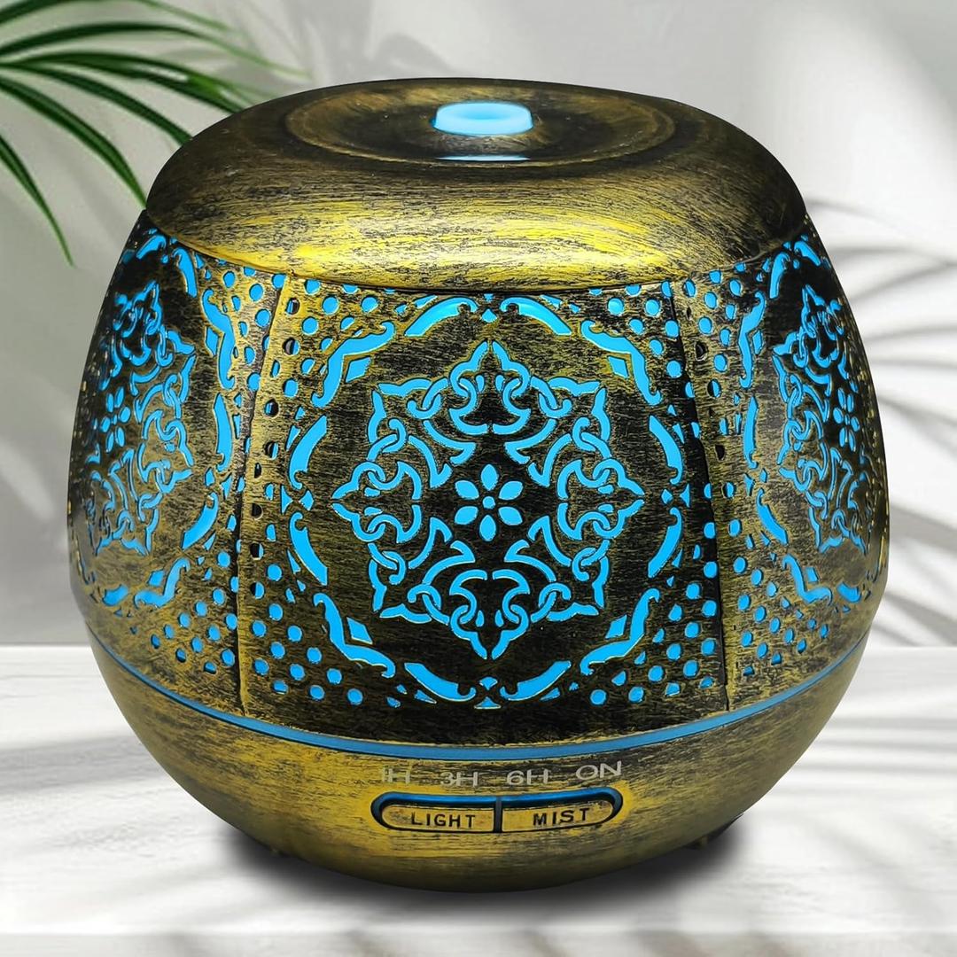 500ml Metal Essential Oil Diffuser, Antique Gold Aromatherapy Diffuser, Moroccan Hollow Out Design, 7 Color LED, Timer, Auto Shut-Off, Vintage Iron Cool Mist Humidifier for Large Room, Home Decor Gift