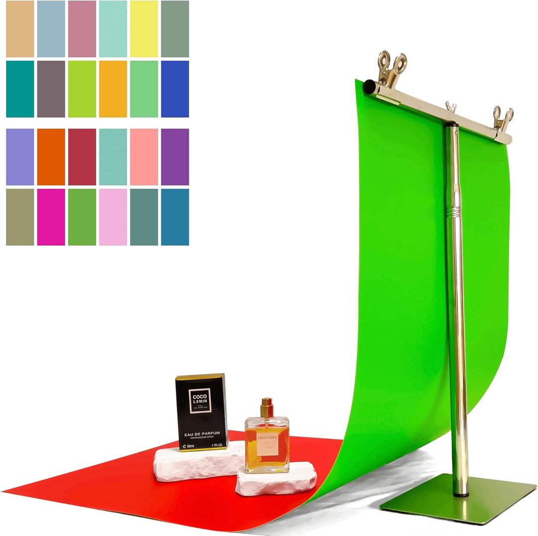 24 Colors Small Product Backdrops Photography Background Paper with Stand 12PCS 34x17inch Flat Lay Backdrop for Cosmetics Jewelry Products and Food (24 Colors Red Yellow Purple)