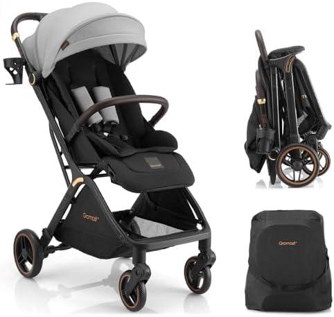 Gromast Gravity Folding Baby Stroller - Portable Travel Toddler Stroller w/Adjustable Backrest, Canopy, Footmuff & Cup Holder, Lightweight and UV Protected, One-Hand Automatic Folding - Light Gray