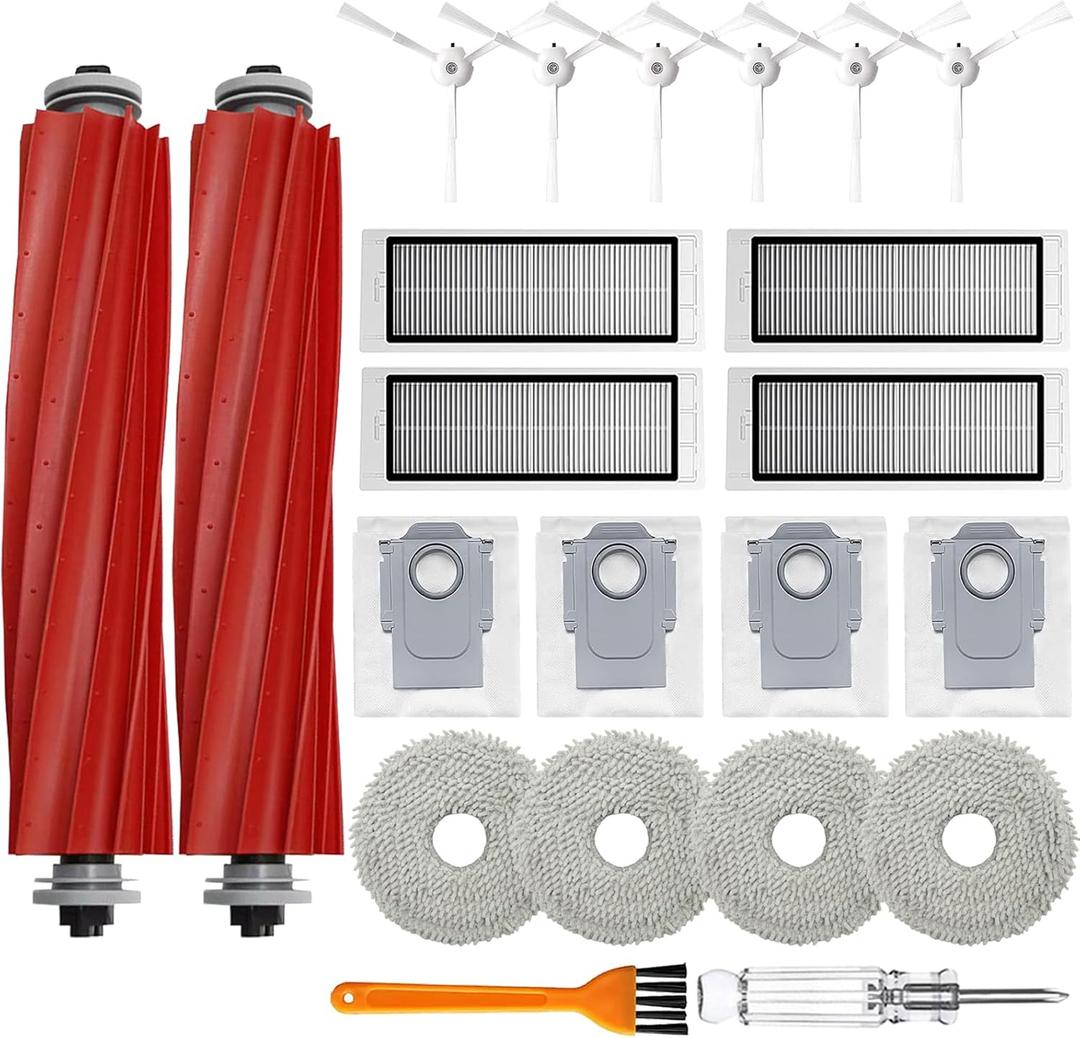 Accessories Kit Compatible with Roborock Q RevoNot for Qrevo S/Pro/Plus/MaxvRobtic Vacuum Cleaner, 2 Main Brush Roller, 4 Hepa Filters,4 Mop Pads,4 Dust Bags, 6 Side Brush,22 Pack Replacement Parts