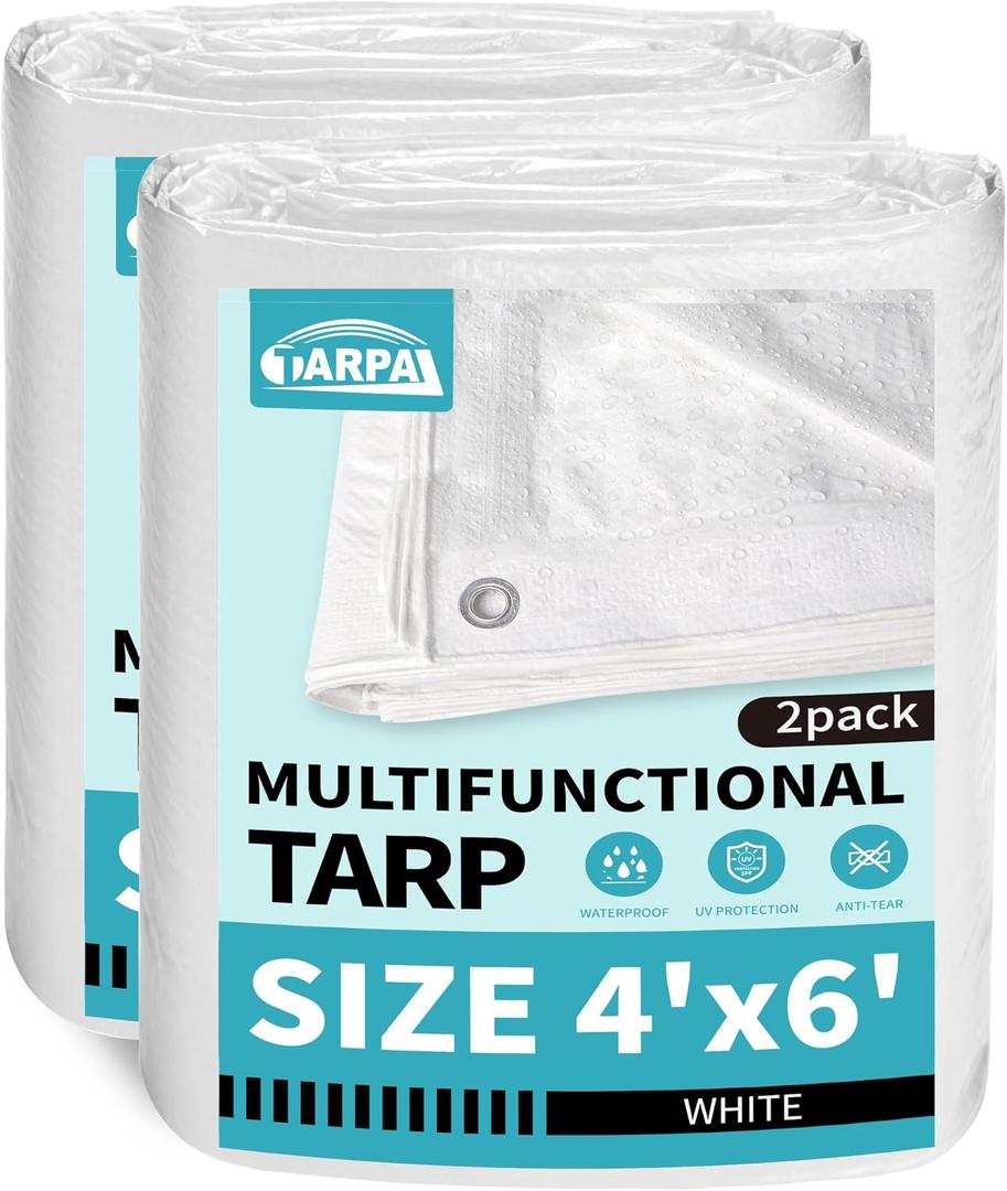 TARPAL 4x6 Feet White Tarp Waterproof(2 Pack) Small tarps Multipurpose Protective Cover All Purpose Poly Tarps Cover for Firewood Outdoor Furniture etc