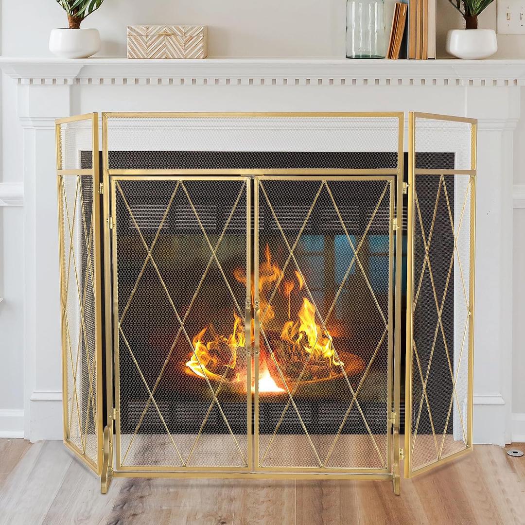 3-Panel Fireplace Screen with Double Doors, 50" x 32", Gold