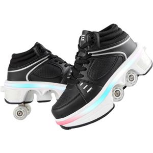 2-in-1 Unisex Roller Skate Shoes with Retractable 4 Wheels - Invisible Deformation & Removable Pulley, Ideal Retractable Roller Shoes for Women for Girls, Boys & Children (7, Black)