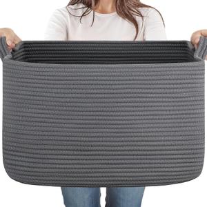 65L Cotton Rope Large Blanket Basket (19.7"x15.7"x11.8") for Living Room, Kids Room & Laundry, Storage Basket with Handle for Organizing Blankets, Pillows, Clothes & Toys, Dark Grey