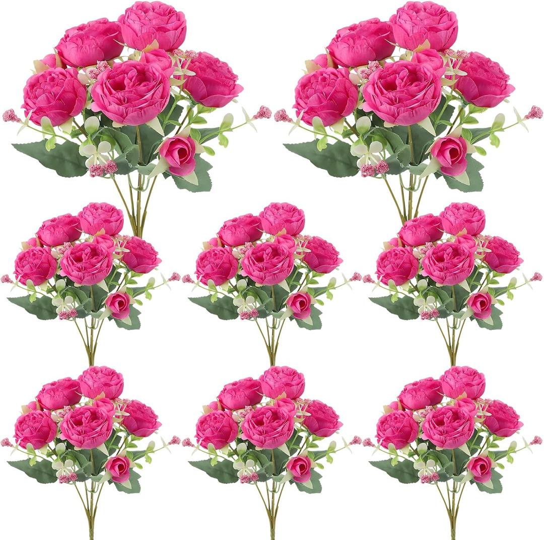 8 Pack Hot Pink Peonies Artificial Flowers, Fake Silk Hydrangea Bouquet for Bridal Wedding Home Table Decor Reusable Dining Opening Ceremony Birthday Arrangement Faux Floral