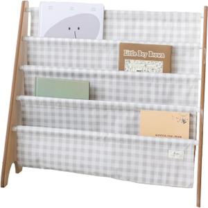 3 Sprouts Recycled Fabric Kids Bookshelf  4-Tier Sling Book Rack Organizer - Nursery Room Playroom Classroom Wooden Book Shelves - Kid Bookcase Wood Storage Shelf for Toddler Age 3+ - Gingham Beige