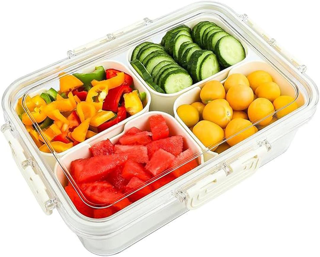 Plastic Divided Serving Tray with Lid and Handle Snack Box Charcuterie Container Portable Snack Platters Organizer for Candy, Fruits, Snacks, Nuts, for Party, Entertaining (White 4 compartments)