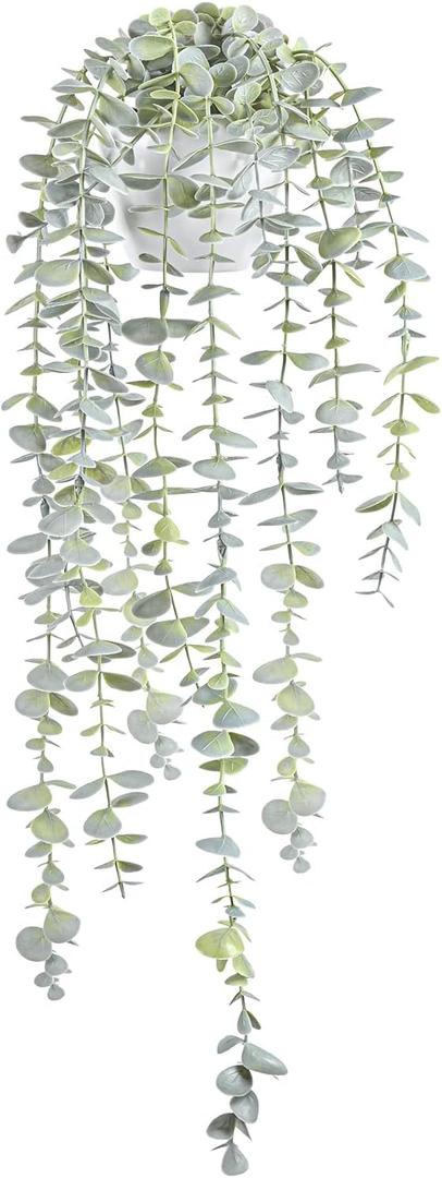 Decorative Hanging Plants for Shelf, Faux Ivy Eucalyptus Vine, Fake Greenery in White Bigger Pot (Light Green, 1PCS) (Small)