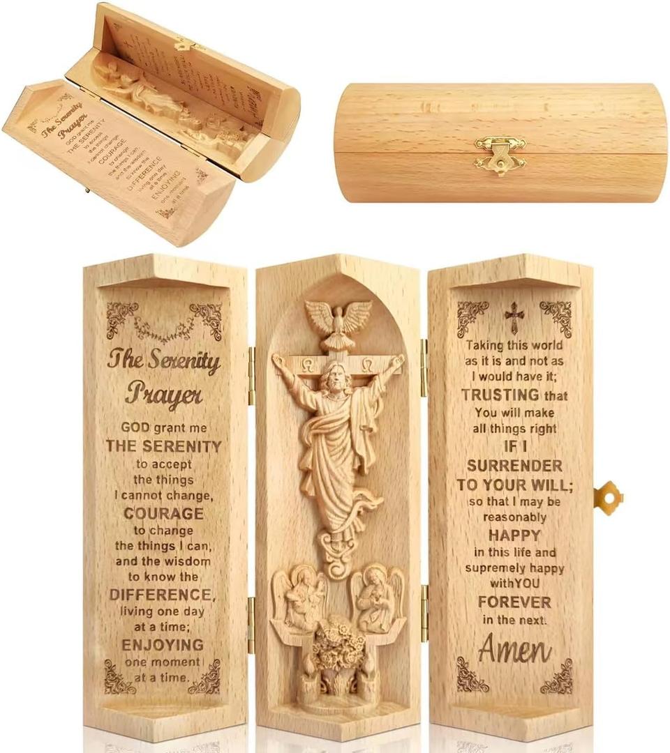 Jesus Statue Wood Sculpture, Christian Wooden Sculptures Three-Sectional Cylinder Design, Jesus Figurines Religious Jesus Wood Carving, Catholic Home Office Decor, Serenity Prayer Boxwood