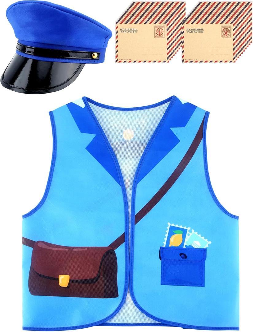 Kids Mailman Costume Set Postman Vest Hat Envelopes Mail Carrier Dress Up for Boys Girls Career Day Halloween Pretend Party Cosplay