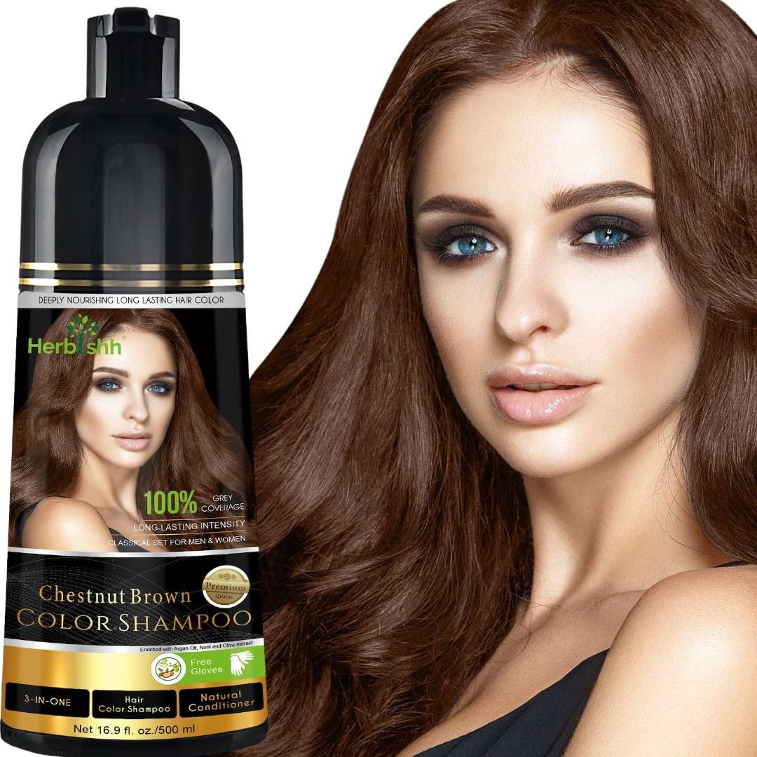 Herbishh Hair Color Shampoo for Gray Hair  Natural Hair Dye Shampoo  Colors Hair in Minutes  Lasts Up To 3-4 Weeks  500 Ml  3-In-1 Hair Color  Ammonia-Free | Herbishh (Chestnut Brown)