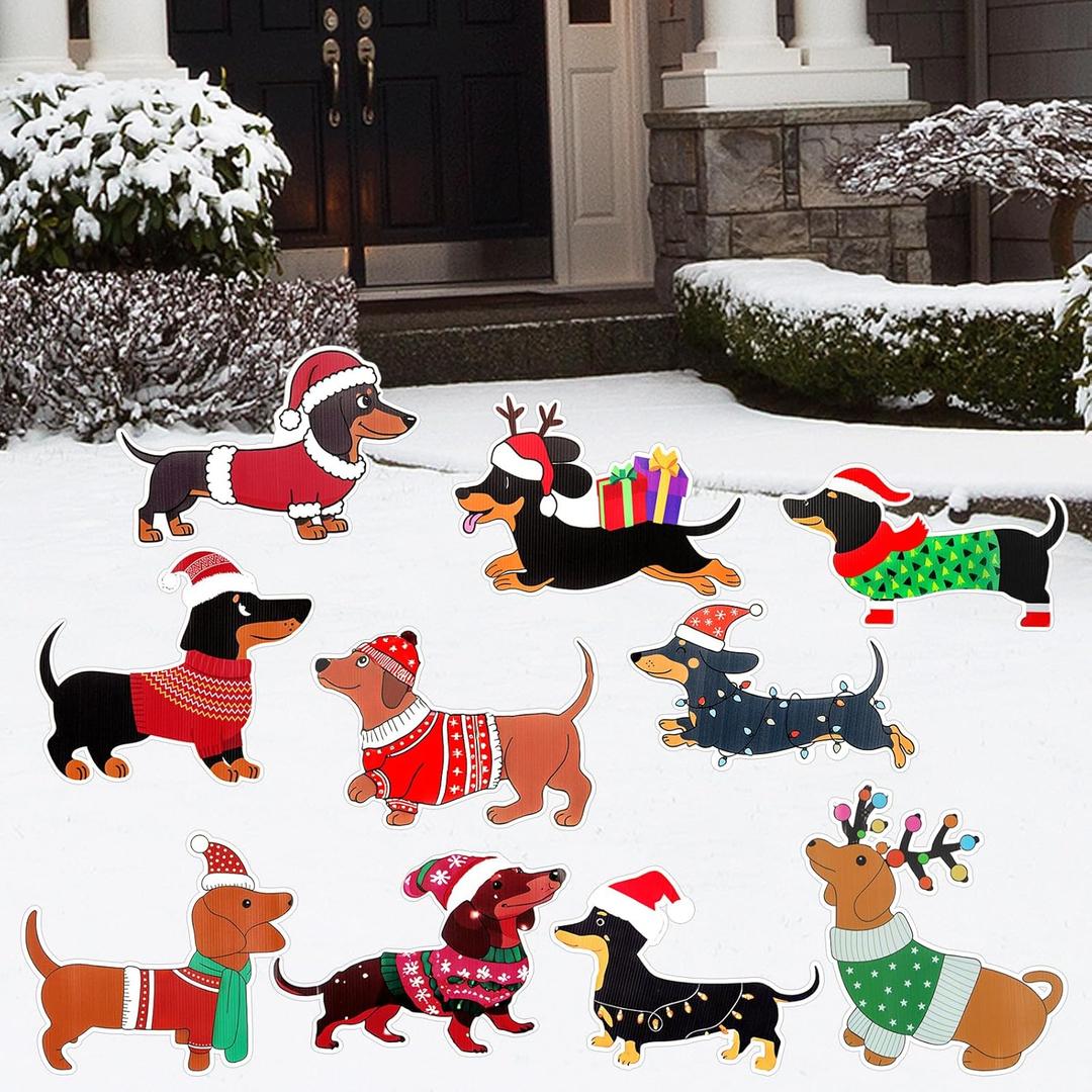 10 Pcs Dachshund Christmas Yard Signs with Stakes Xmas Dog Yard Decor Waterproof Christmas Decorations Puppy Lawn Signs for Xmas Holiday Winter Farmhouse Garden Patio Pathway Outside Decor