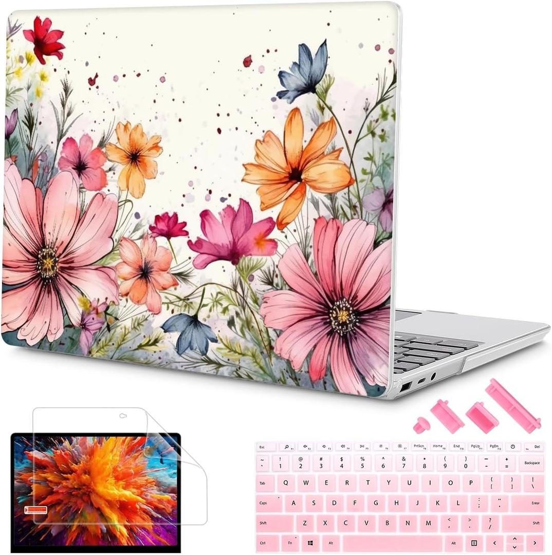 Mektron 2023 Microsoft Surface Laptop GO 3 Case 12.4" Compatible with Go 2/1 Laptop Cover 2022-2020 Releases Model 1943/2013 Plastic Hard Shell Case with Screen Protector, Colorful Floral