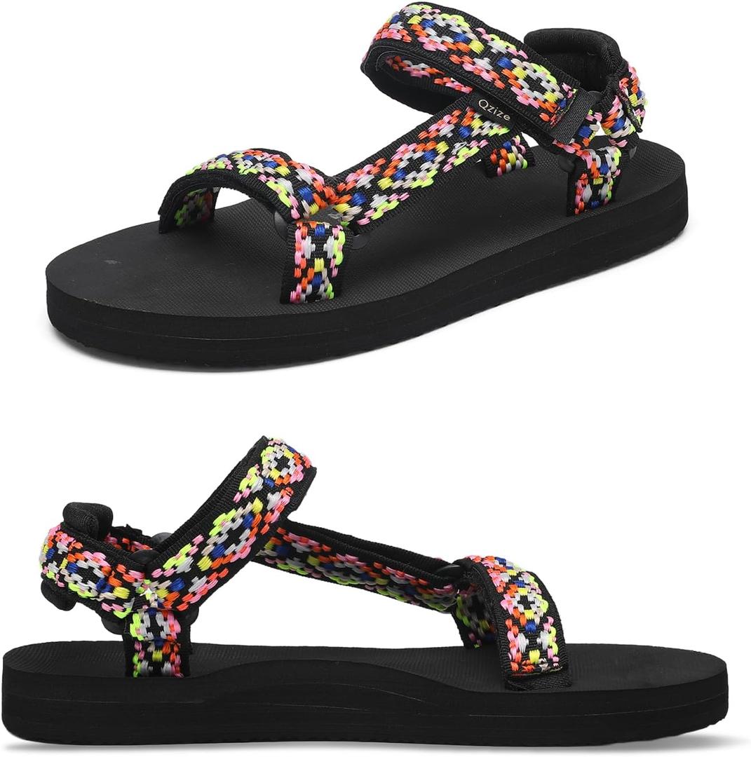 Qzize Sandals for Women Comfortable Water Shoes with Thin Sole, Lightweight Walking Hiking Beach Sandals for Women Black & Colorful, Size 6.5