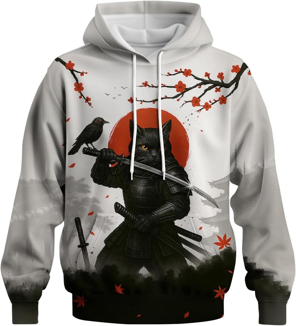 Novelty Long Sleeve Hoodie Funny Fashion Samurai Anime Sweatshirts (XX-Large, Black White)