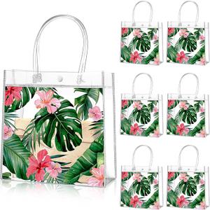 Aliceset 20 Pcs Clear Aloha Bags Hawaiian Luau Party Favors with Handles Summer Tropical Palm Leaves Goodie PVC Plastic Gift Bags for Summer Birthday Party Supplies, 8 x 8 x 3.15 Inch