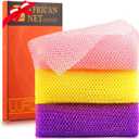 UJFQBH 3 Pieces African Bath Sponge African Net Long Net Bath Sponge Exfoliating Shower Body Scrubber Back Scrubber Skin Smoother,Great for Daily Use (Pink,Yellow,Purple)