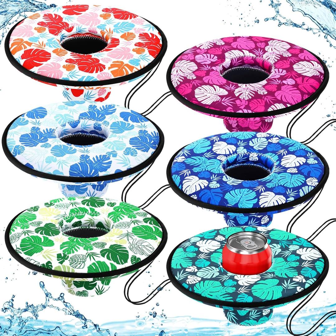 Funnymoom 6 Pcs Neoprene Floating Drink Holder Floating Coaster Pool Drink Floats Pool Beer Holder with Rope for Summer Theme Party Tub Lake Boat Water, Medium Size (Monstera Style)