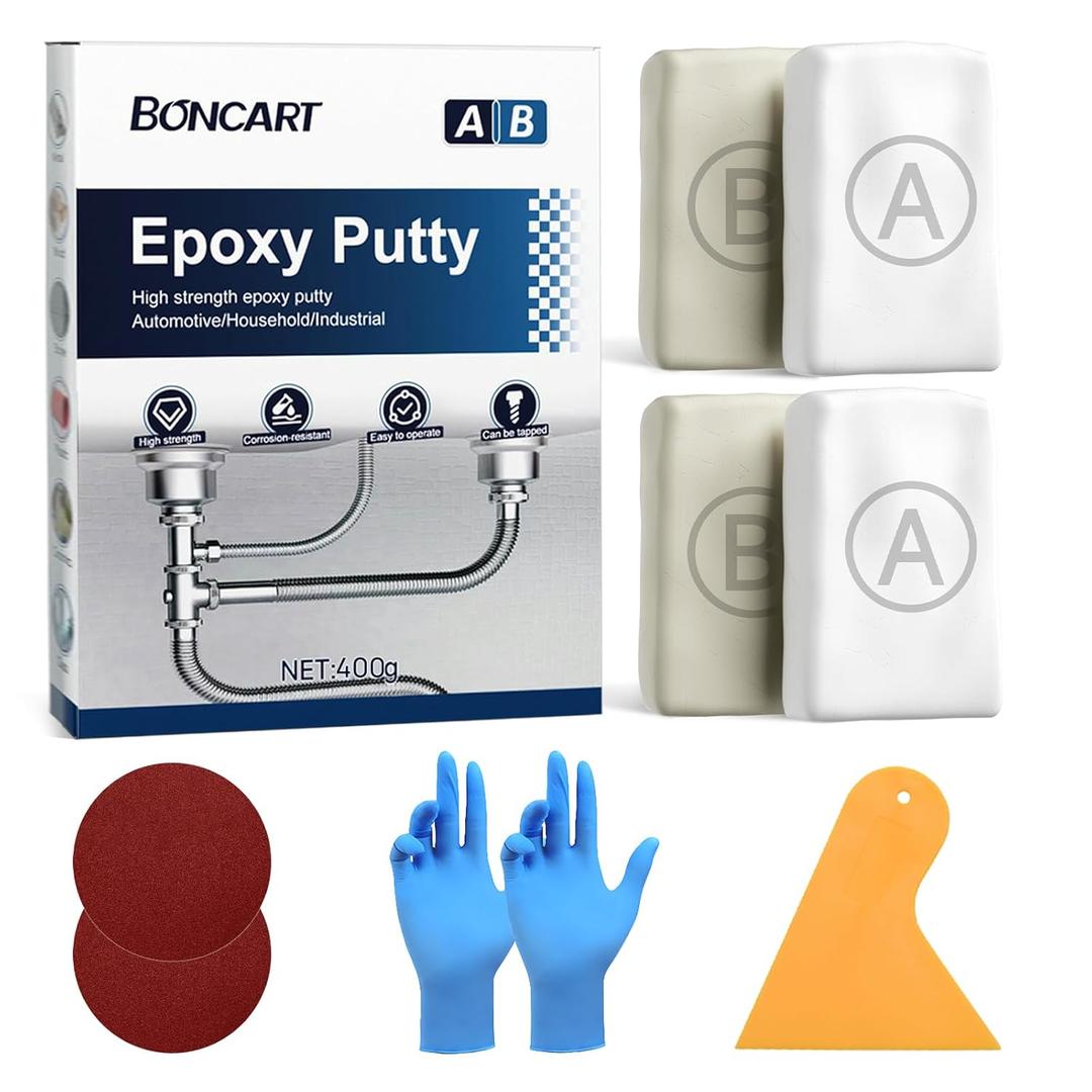 Boncart Epoxy Putty, Multi-Purpose 2-Part Epoxy Filler, Fast Repair Metal AB Putty, High Strength, Strong Adhesion, Compatible with Metal, Plastic, Ceramic, Stone and Wood (400g, White)
