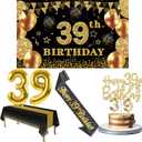39th Birthday Decorations Men Women with 39th Birthday Banner, Black and Gold Table Cloth, Number Balloons, Large Sash, Cake Topper and Candles
