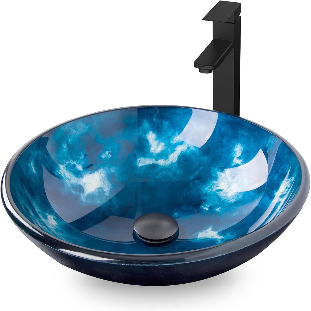 Bathroom Artistic Vessel Sink, Tempered Glass Vanity Round Bowl with Oil Rubber Bronze Faucet and Pop up drain Set, Ocean Blue, 16.5 x 5.5 inches