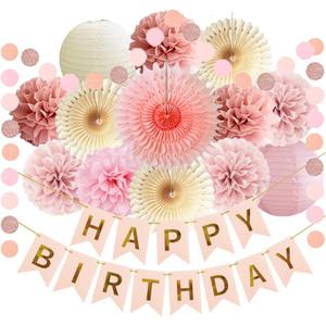 Pink Birthday Decorations Girl Dusty Blush Pink Beige Birthday Decorations Happy Birthday Banner Dusty Rose Blush Pink Cream Paper Pom Poms Paper Lanterns for Western Birthday Party Decor