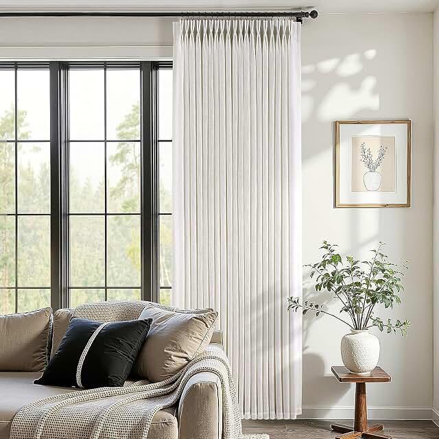 Pinch Pleated Linen Curtains 100 Inches Long for Living Room Bedroom Semi Sheer Light Filtering Pinch Pleat Curtain with Hooks for Track Back Tab Neutral Cream Beige Ivory Privacy Pleated Drapes