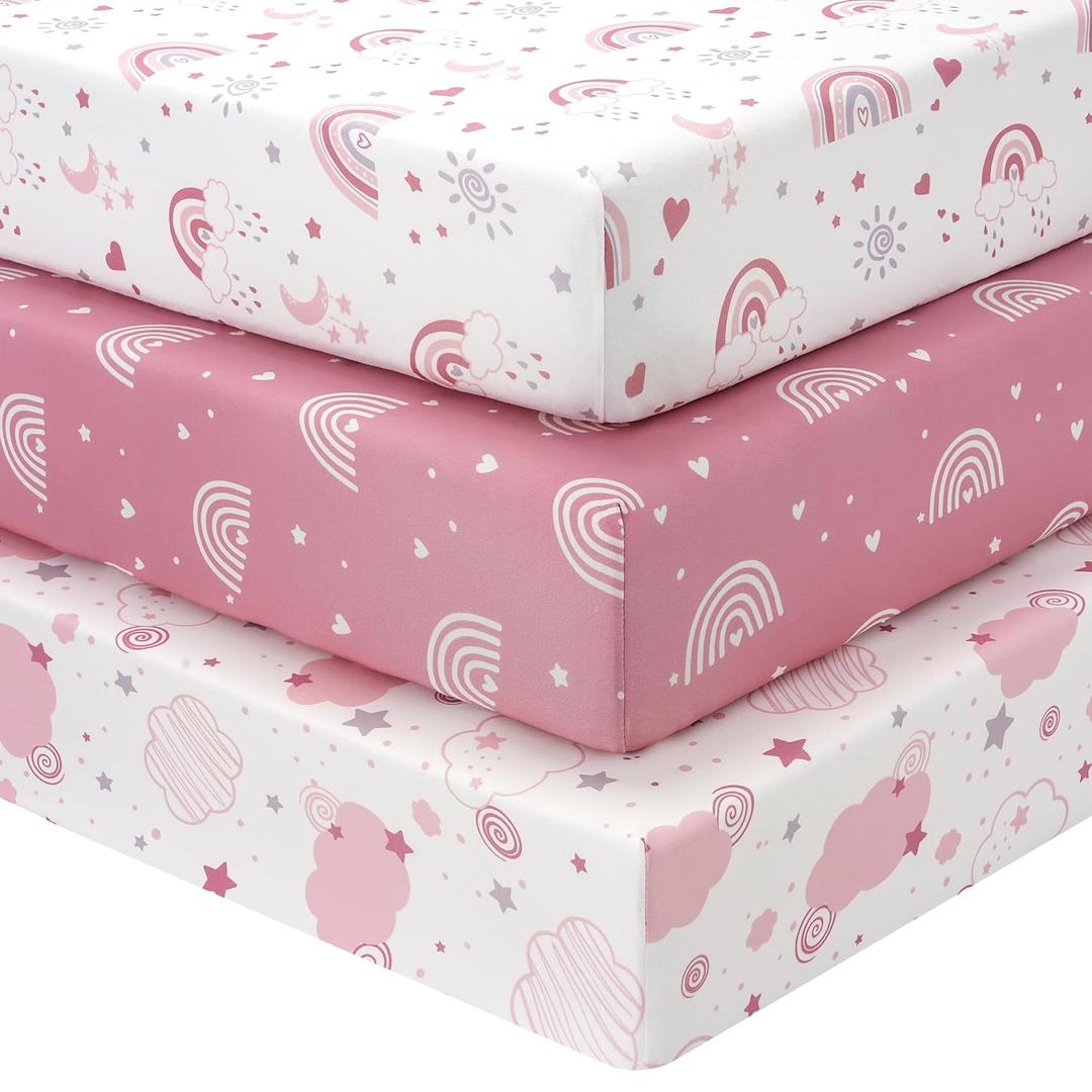 Baby Crib Sheets Girl, 3 Pack Toddler Bed Sheets Fitted for 52x28 Standard Crib and Toddler Mattresses, Super Soft Microfiber Pink Rainbow