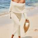 Saodimallsu Womens Off Shoulder Summer Maxi Dress Bell Long Sleeve Sexy Bodycon Strapless Sheer Beach Swimsuit Coverup (Beige)