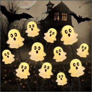 JOYIN Halloween Decorations Outdoor Solar Cute Ghost Lights, 2 Pcs 12LEDs Solar Powered Hovering Ghost Yard Stakes, Cute LED Pathway Lights Decor for Halloween Graveyard Garden Yard Patio Lawn