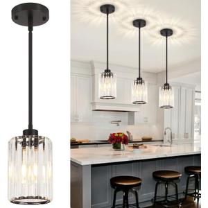 3 Pack Black Pendant Light, Modern Mini Crystal Pendant Lights Kitchen Island Lighting, 1-Light Pendant Light for Island Hallway Bedroom Dining Room Light Fixture