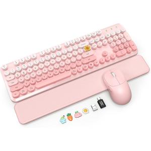 Wireless Keyboard and Mouse Combo, Magnetic Soft-Touch Wrist Rest, Round Keycaps, Full-Size Retro Typewriter Keyboard, 2-Stage Tilt Legs, Auto Sleep, 2.4GHz Cordless for Windows PC, Blush Pink Ombre