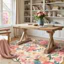 PureCozy Washable Floral Area Rug 4x6 Beige Office Carpet Scalloped Flower Non Slip Soft Living Room Rug Farmhouse Low Pile Thin Indoor Floor Cover for Bathroom Bedroom Kitchen Laundry Dining Room