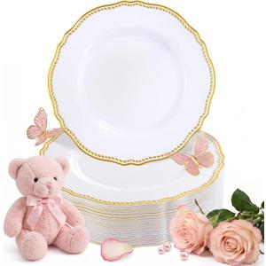 Hioasis 60pcs Gold Plastic Plates - White and Gold Disposable Dinnerware with Gold Rim, Heavy-duty, 7 inch, Dessert Plates for Party & Thanksgiving