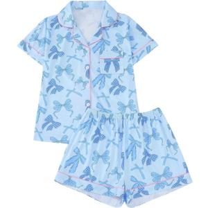 WDIRARA Women's 2 Piece Bow Print Pajama Set Short Sleeve Button Down Lounge Shorts Sleepwear Sets (Medium, Blue)