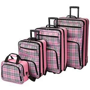 Rockland Fashion Softside Upright Luggage Set, Telescoping Handles, Pink Cross, 4-Piece (14/19/24/28)