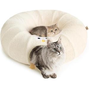 EHEYCIGA Cat Tunnel Bed for Indoor Cats, Cute Cat Donut Toy Tunnel for Small Large Cats with Washable Circle Cushion, Peekaboo Pet Cave Play Tunnel for Kitten, Puppy, Rabbit (Beige)
