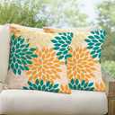 Yellow Blue Dahlia Floral Outdoor Pillow Covers 18x18 Set of 2 Waterproof Abstract Flower Summer Decorative Outdoor Pillow Covers for Patio Furniture Porch Couch Home Decoration (Teal Orange)