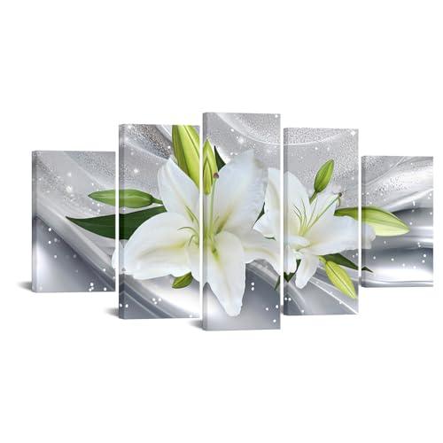 iKNOW FOTO Large 5 Pieces Canvas Wall Art Print Floral Lily Design 60x32 Framed Stretched Artwork Modern Contemporary Flower Painting Home Decor Canvas Prints for Living Room, Bedroom, Office
