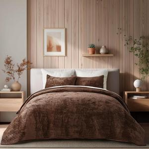 Velvet Quilt Set King Size, Luxurious Soft Striped Channel Bedding Set, Lightweight Velvet Comforter for All Season, Oversized Bedspread Coverlet with 2 Matching Shams, Rust Brown