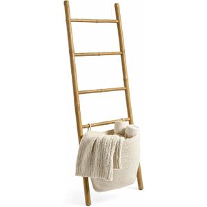 Bamboo Blanket Ladder with 2 Woven Storage Baskets, Handcrafted 55in Decorative Ladder for Blankets, Leaning Blanket Holder for Living Room, Towel Ladder for Bathroom & Quilt Display Rack, Large