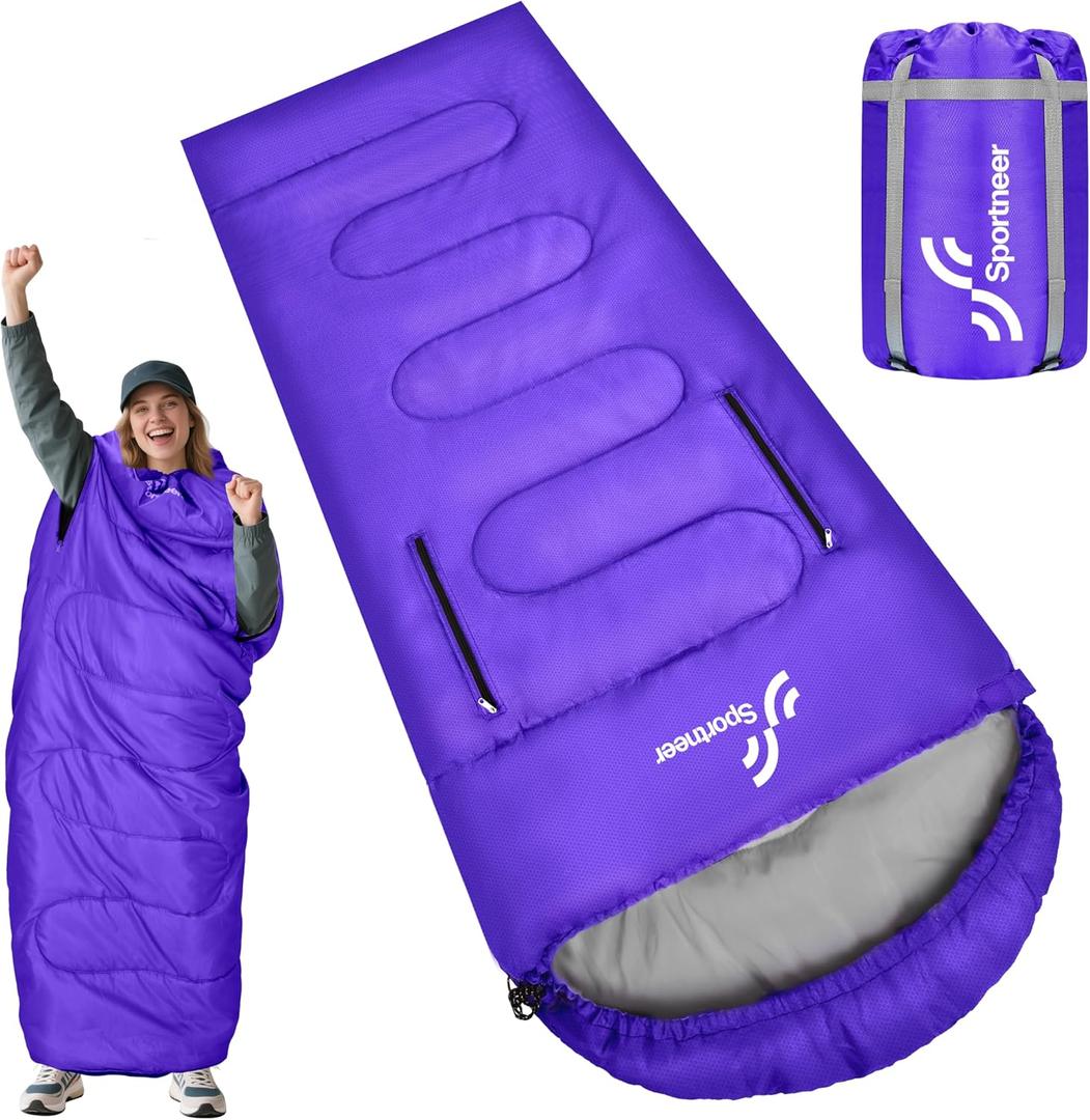 Sportneer Wearable Sleeping Bag for Adults & Kids  Walkable with Arm Zippers, Warm Weather & Cold Waterproof, Compact for Camping, Stadiums, Travel, Backpacking & Car Use (87''Long 50-80, Purple)