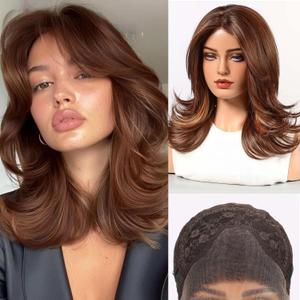 Starluck Wig for Women Lace Front Wigs Synthetic Wigs for Women 18-Inch Shoulder Length Layered Natural Wavy Ombre Red Brown