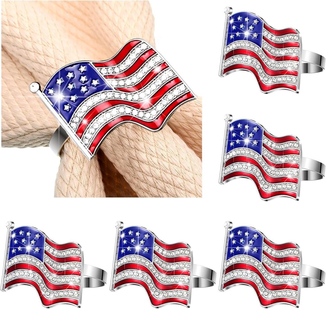 Geiserailie 6 Pieces Patriotic Napkin Rings 4th of July American Flag Napkin Ring Holder Red White and Blue Rhinestones Serviette Buckle Table Ring for 250th Anniversary Independence Day Party Home