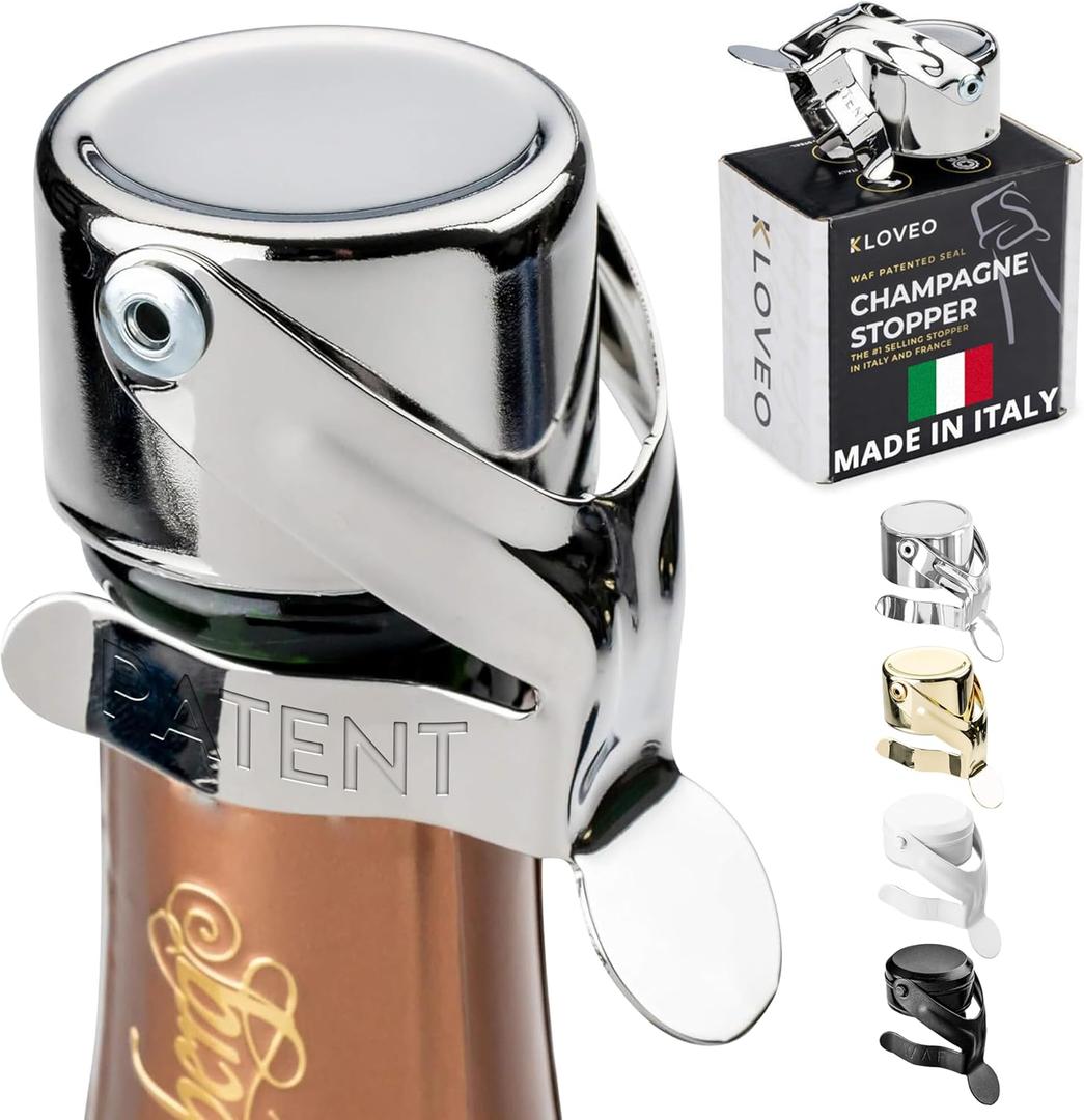 KLOVEO Champagne Stoppers - Patented Seal - Made in Italy - Professional Grade WAF Champagne Bottle Stopper - Prosecco, Cava, and Sparkling Wine Bottle Stopper (Chrome)