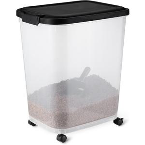 Amazon Basics Pet Food Storage Container with Wheels, BPA-Free, Detachable Scoop, 30lbs Capacity, Reliable Seal