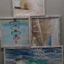 Ocean Wall Art Wooden Framed: Beach Artwork Coastal Prints Set of 4 Seascape Wall Decor for Living Room Overall 36"W x 24"H (Blue Rolling Waves)