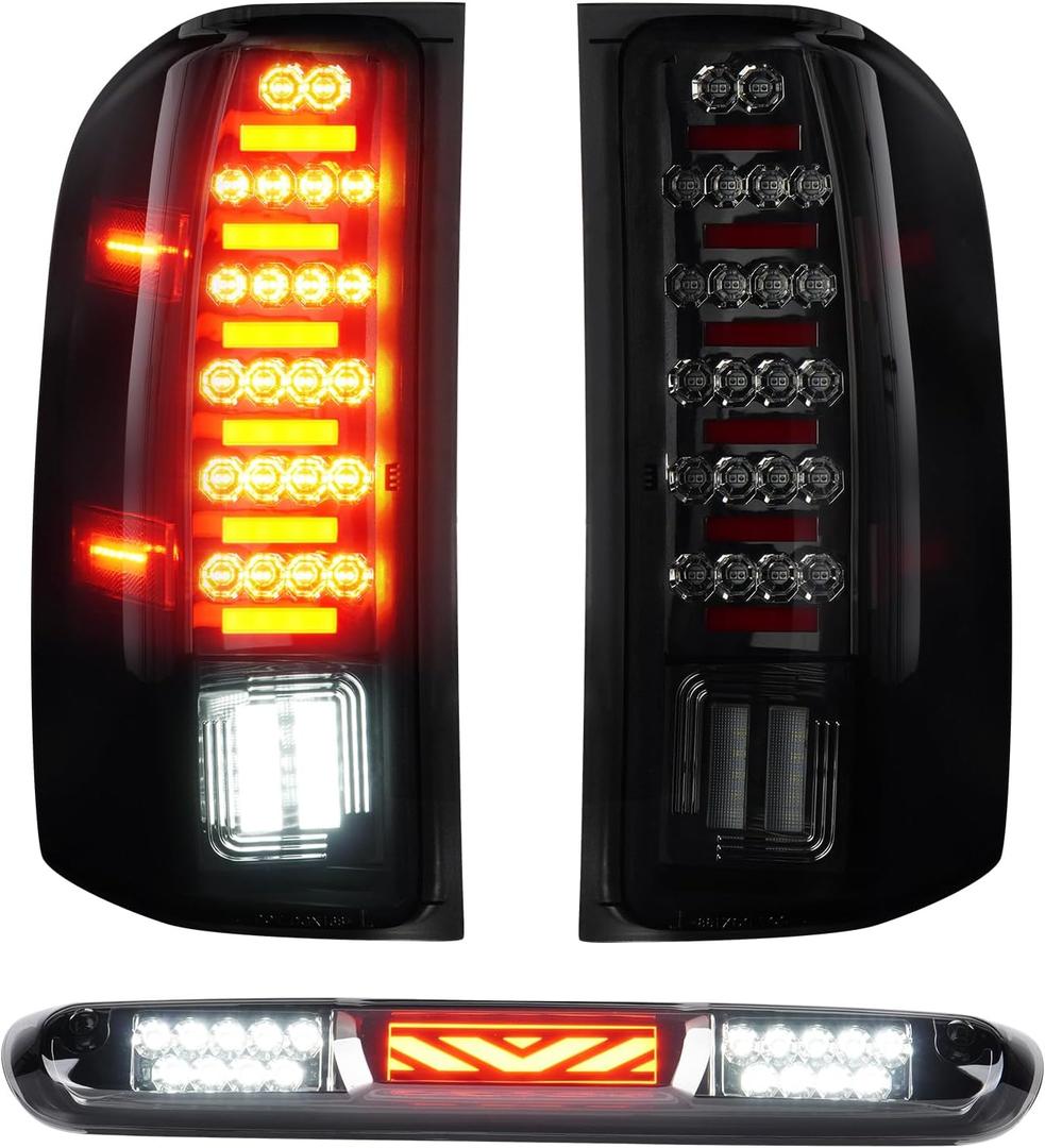 TailLight + 3rd Brake Cargo Lamp for Chevy Silverado 1500 2007-2013, Silverado 2500 3500 2007-2014, GMC Sierra 3500 HD 2008-2014, High Mount Stop Light Rear LED Tail light Assembly, Only for 3157 Bulb